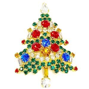 Vintage Christmas Tree Brooch Multi Rhinestone gold tone OTC  2.75" 17.9g